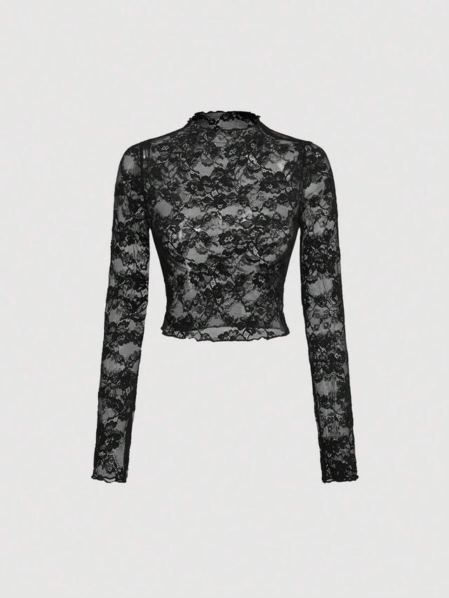 shein mod lace see-through long sleeve black top