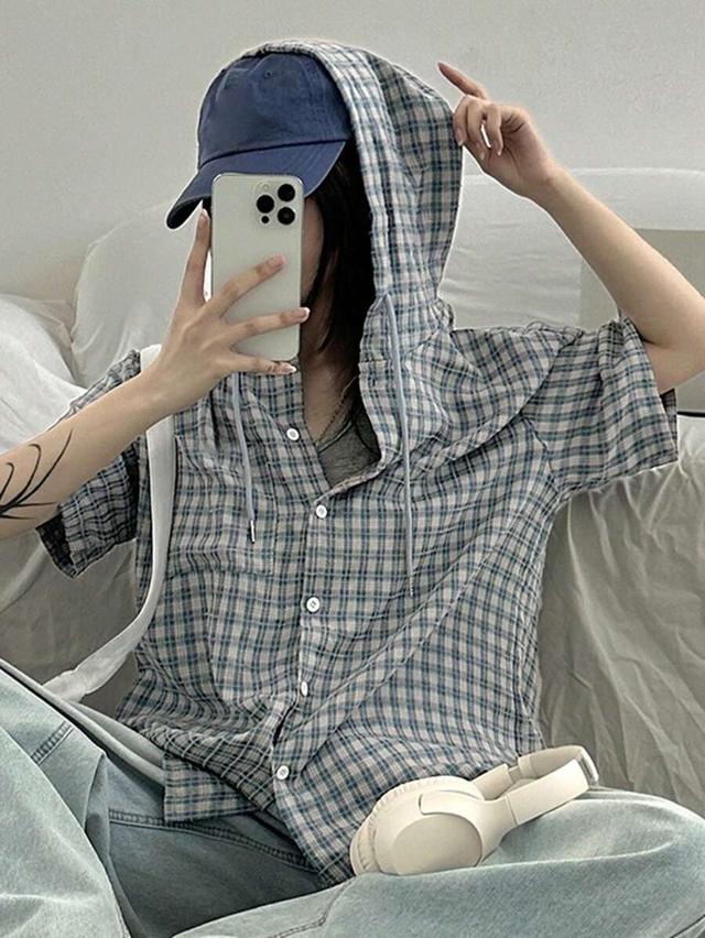 dazy women's summer casual hooded plaid loose blouse
