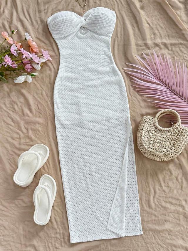 white textured strapless midi dress with side slit