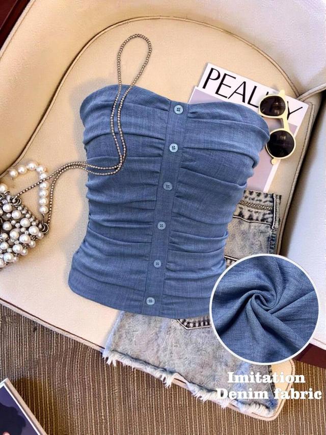 gloweve denim effect fabric button decor ruched camisole top