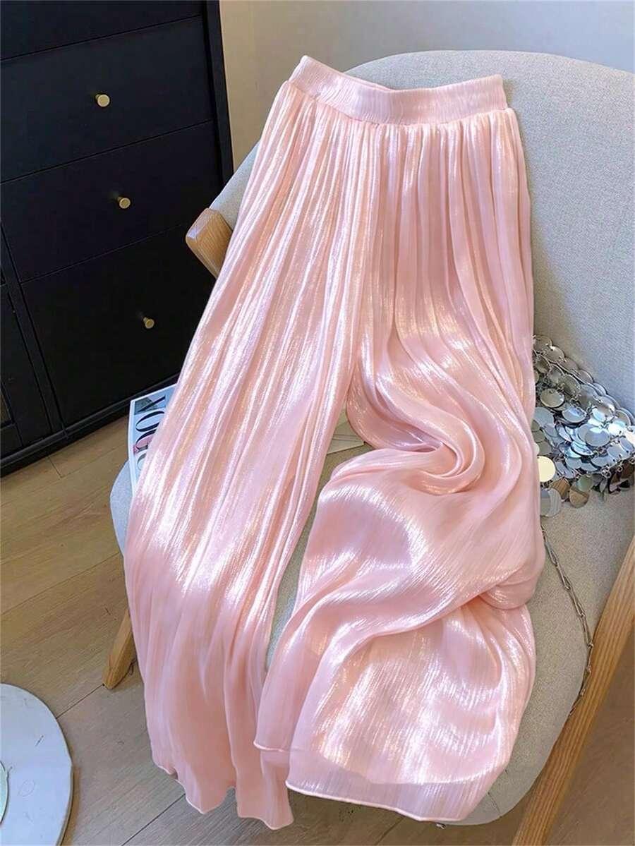 pink crinkle elastic waist wide leg pants