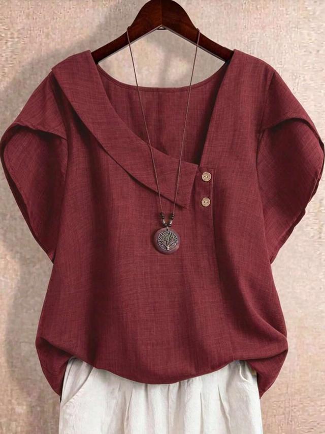 maroon casual oblique collar short sleeve blouse
