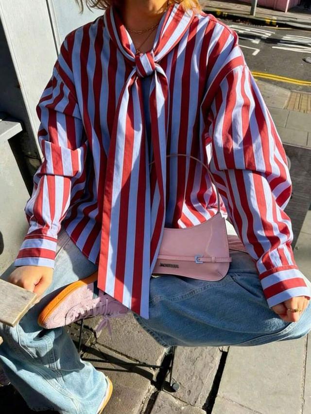 women's vertical striped long sleeve collar shirt