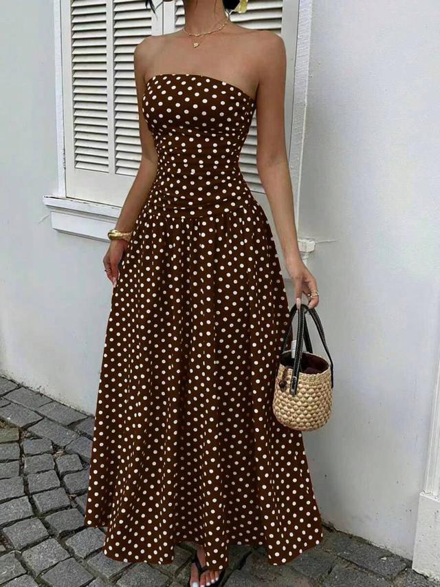 brown polka dot strapless midi dress