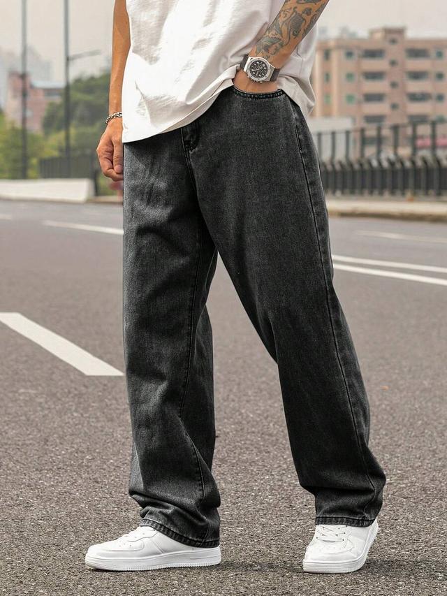 men's relaxed fit washed black straight leg jeans