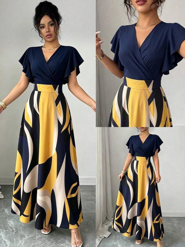 navy and yellow abstract print wrap midi dress