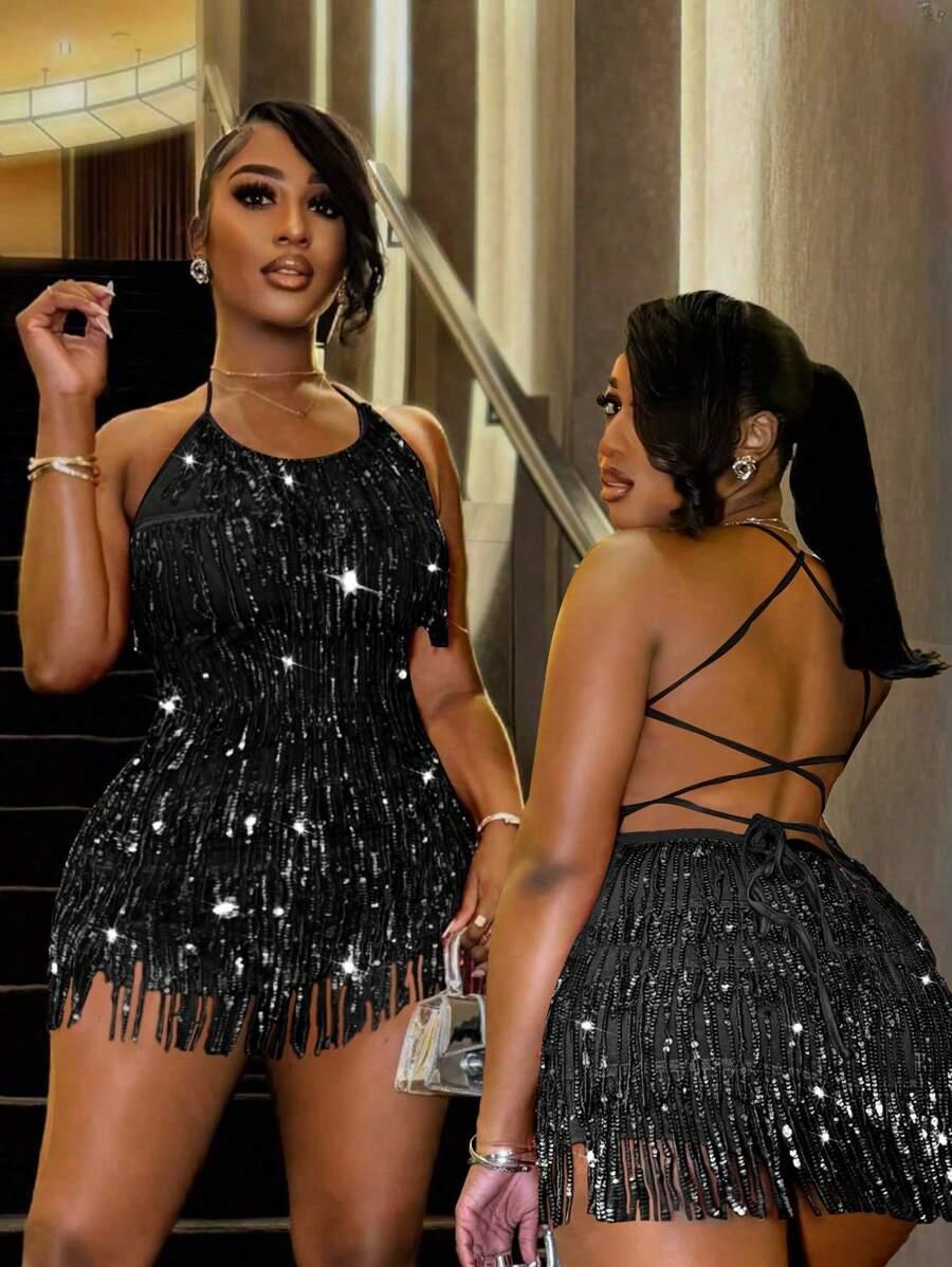 black tassel embellished spaghetti strap club party romper