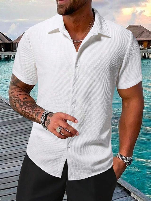 white textured short-sleeve button-down casual shirt