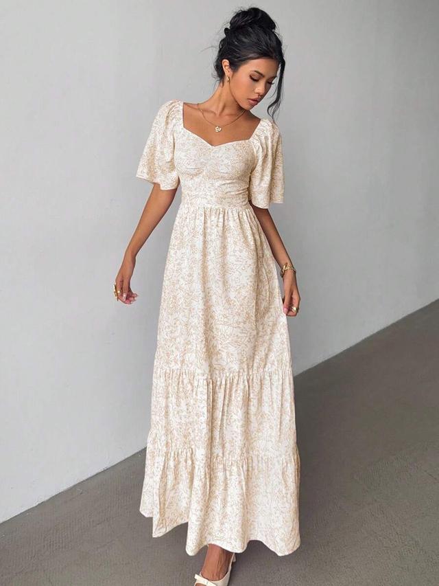 floral print sweetheart neckline midi dress
