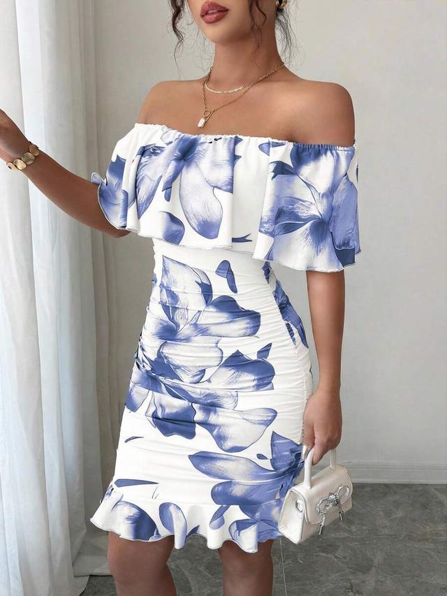 blue floral print off shoulder ruched bodycon dress