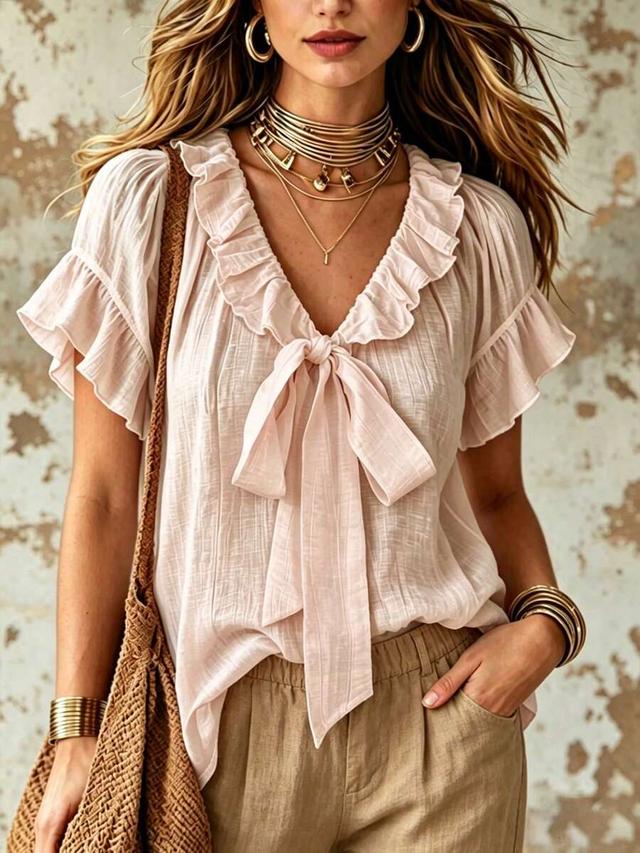 light pink v-neck ruffle collar bow tie blouse
