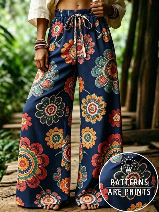 women's retro floral print elastic waist straight leg pants