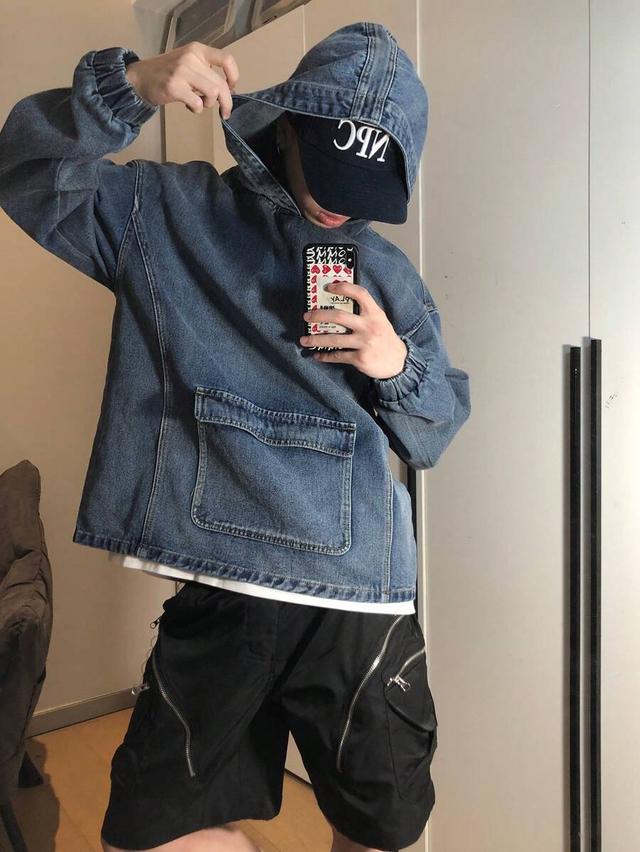 men's long sleeve solid dark denim hooded jacket