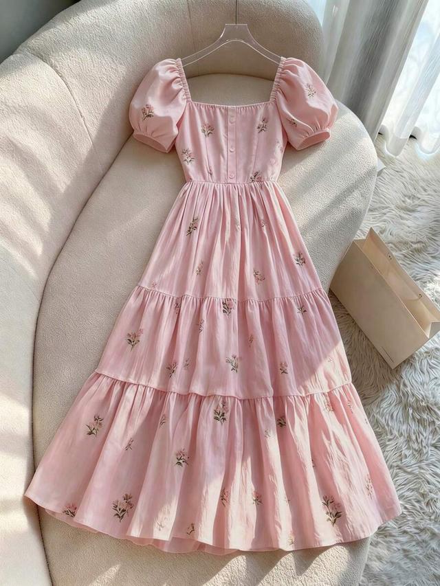 pink floral ditsy puff sleeve tiered midi dress