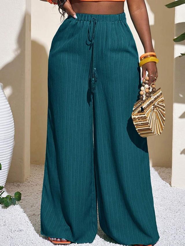 green geometric textured casual wide leg pants