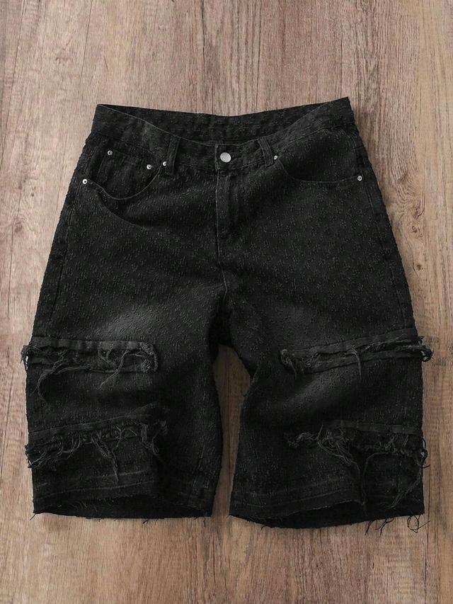 black distressed denim wide leg casual shorts