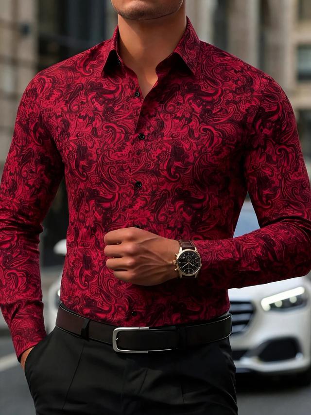 burgundy paisley jacquard slim fit long sleeve shirt