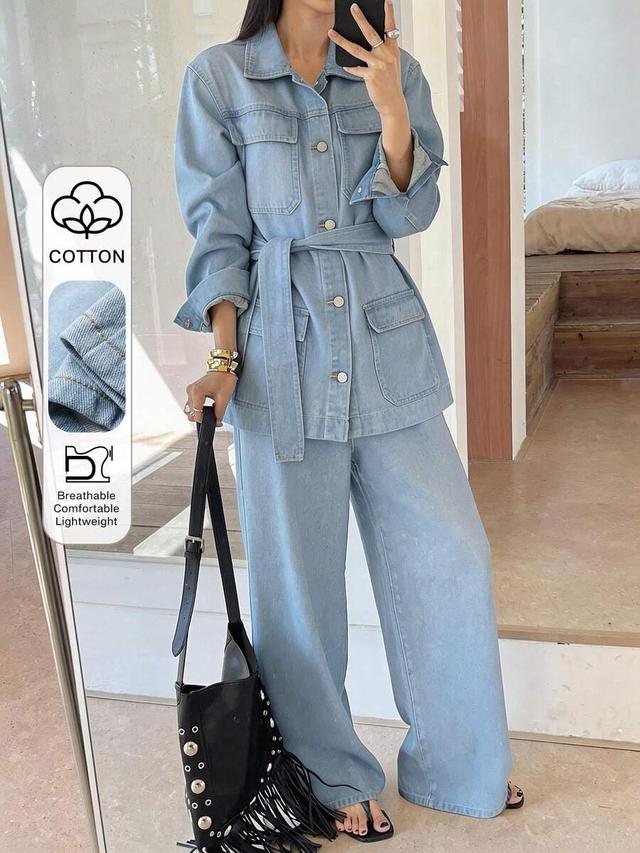 light wash denim belted jacket and wide leg trousers