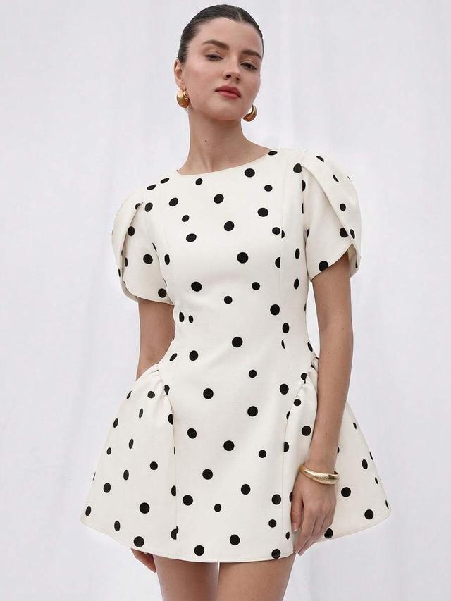 polka dot puff sleeve cinched waist mini dress