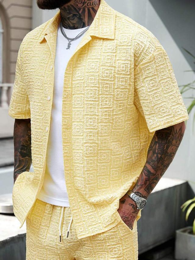yellow textured woven short sleeve button up shirt