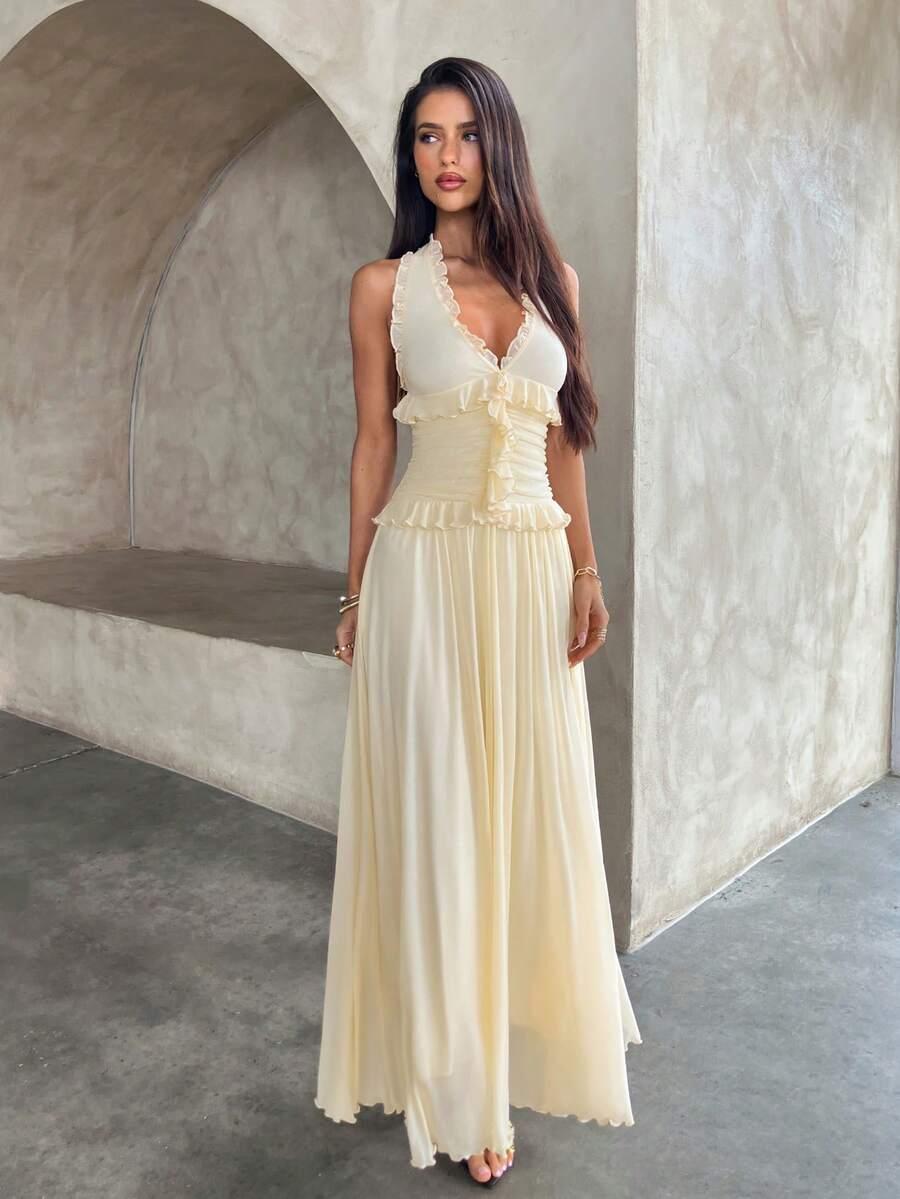cream white backless tie-knot summer maxi dress