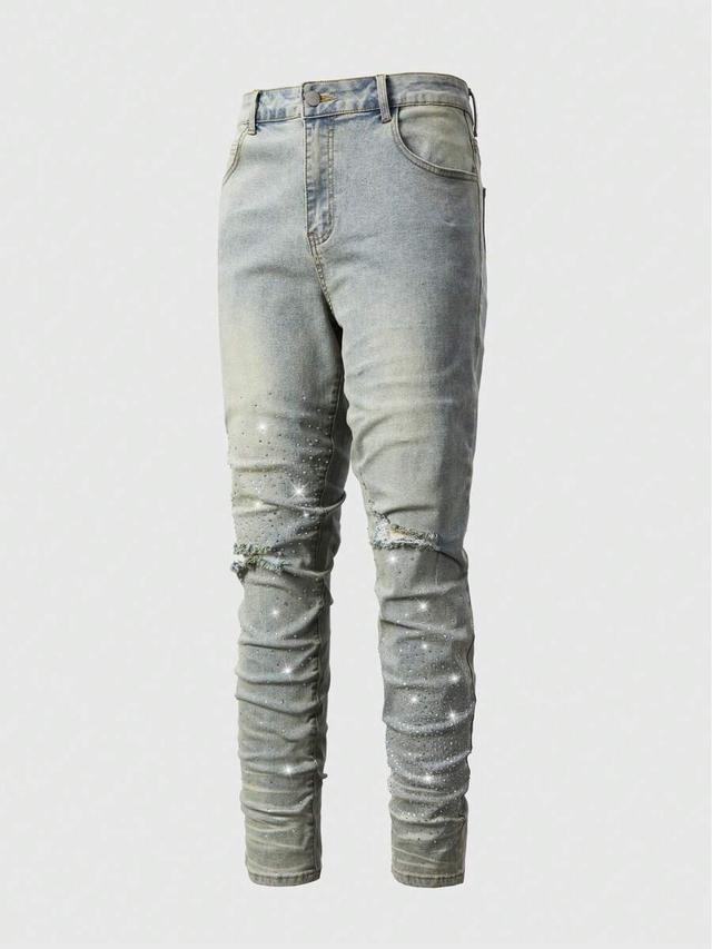 vintage washed distressed jeans with rhinestone decor