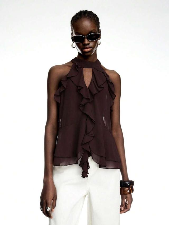 brown ruffle chiffon halter top with tie