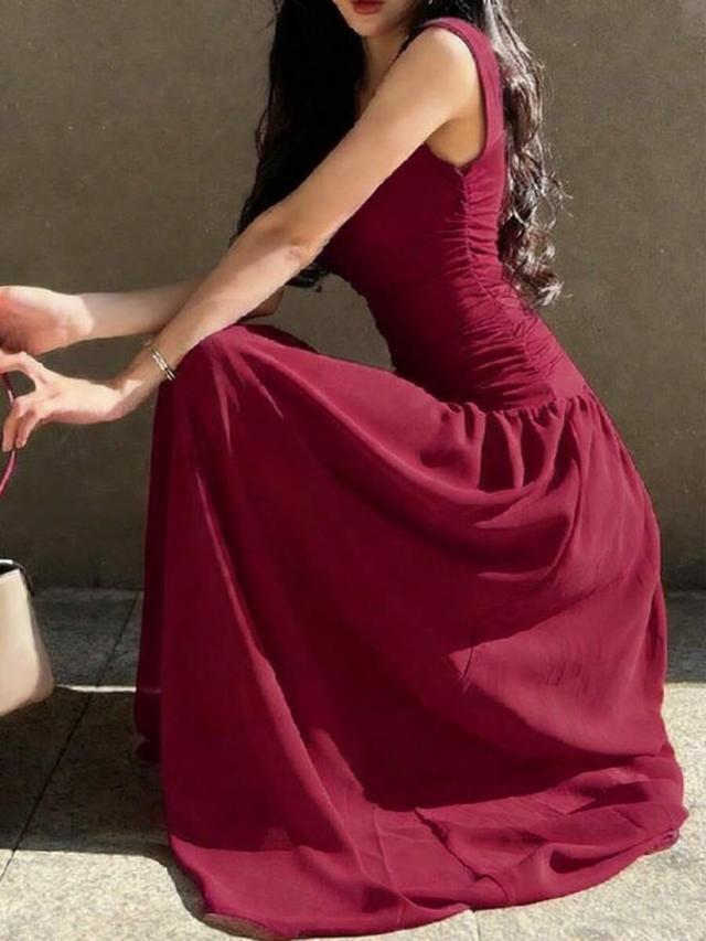 women's elegant spaghetti strap pleated fitted red dress