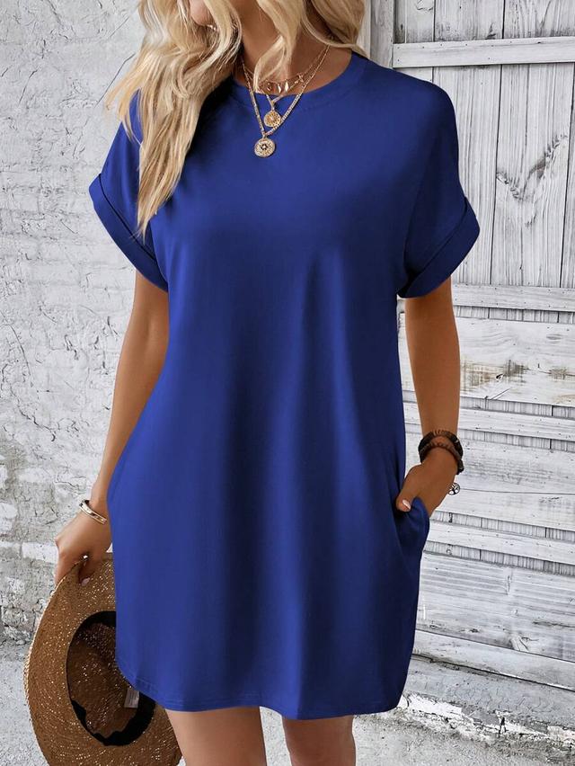 royal blue casual shift dress with cuffed sleeves