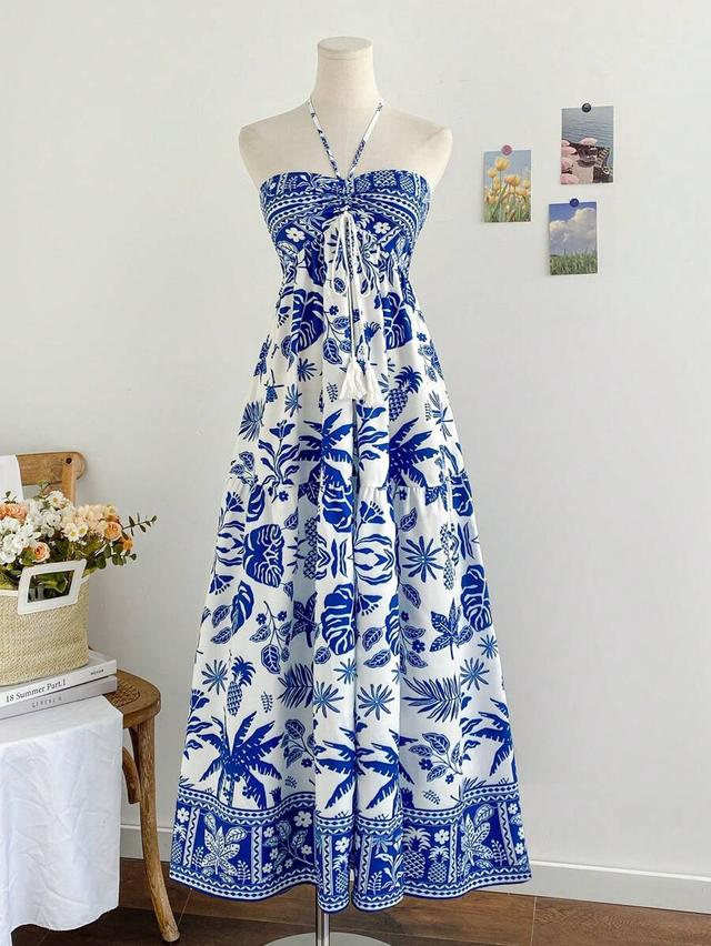 blue and white tropical print halter maxi dress