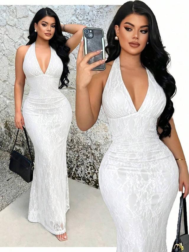 white lace halter neck bodycon midi dress