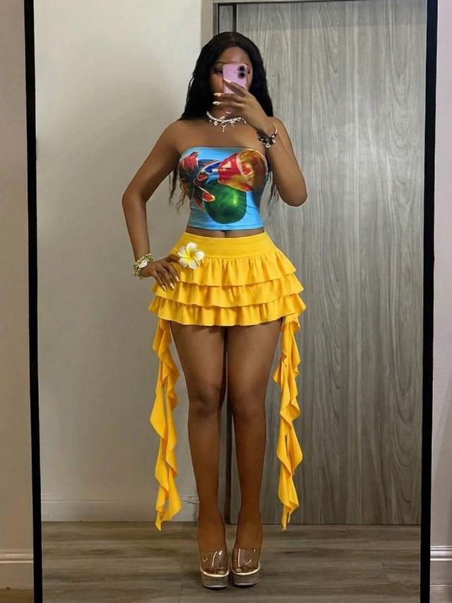 yellow ruffle decor cake mini skirt