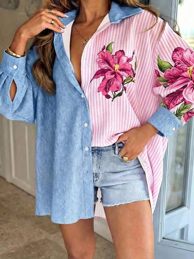 women's colorblock striped floral print long sleeve shirt