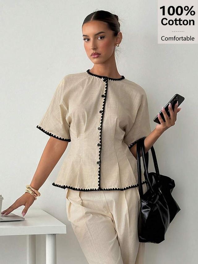 siren gaze summer cotton contrast trim button down blouse