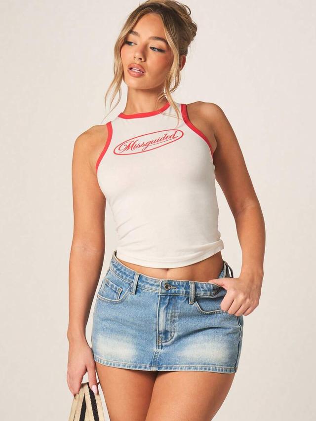 white sleeveless tank top with red trim and logo