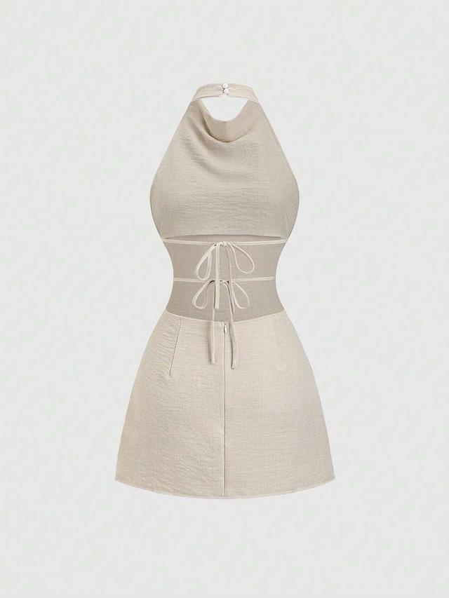 apricot plunging neck backless cinched waist mini dress