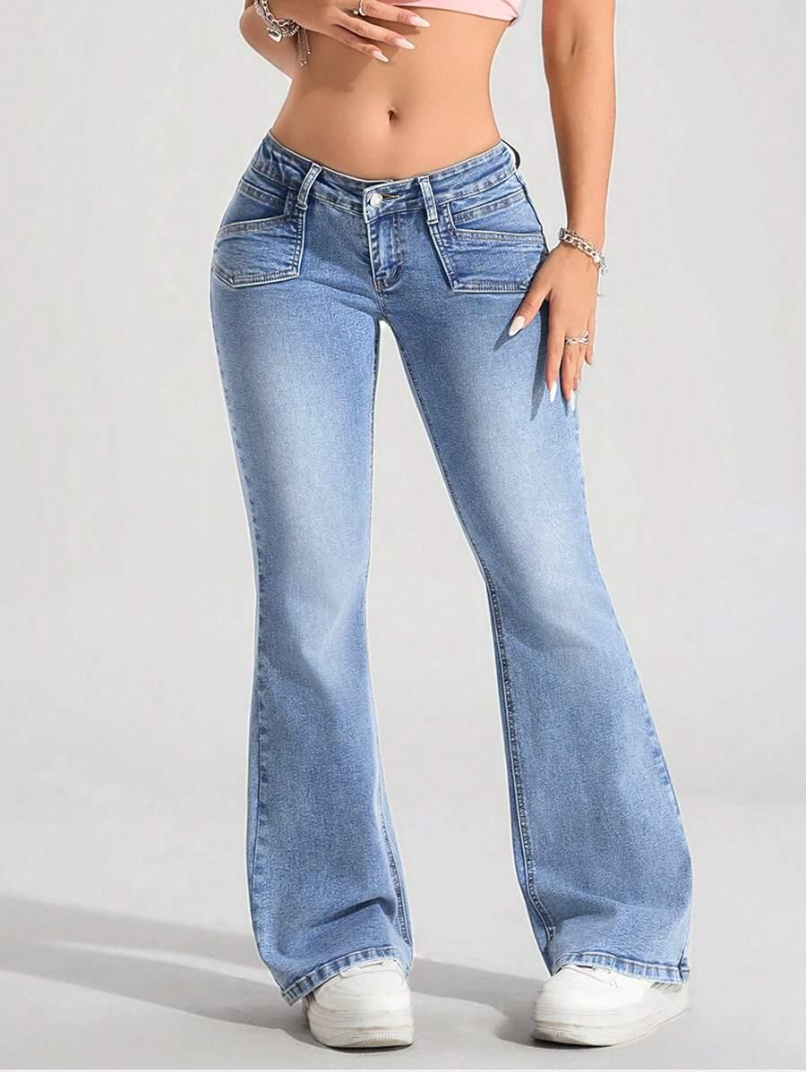 light wash denim flare jeans with front pockets