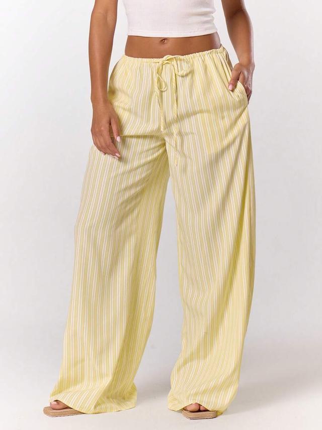 yellow striped drawstring wide leg linen trousers
