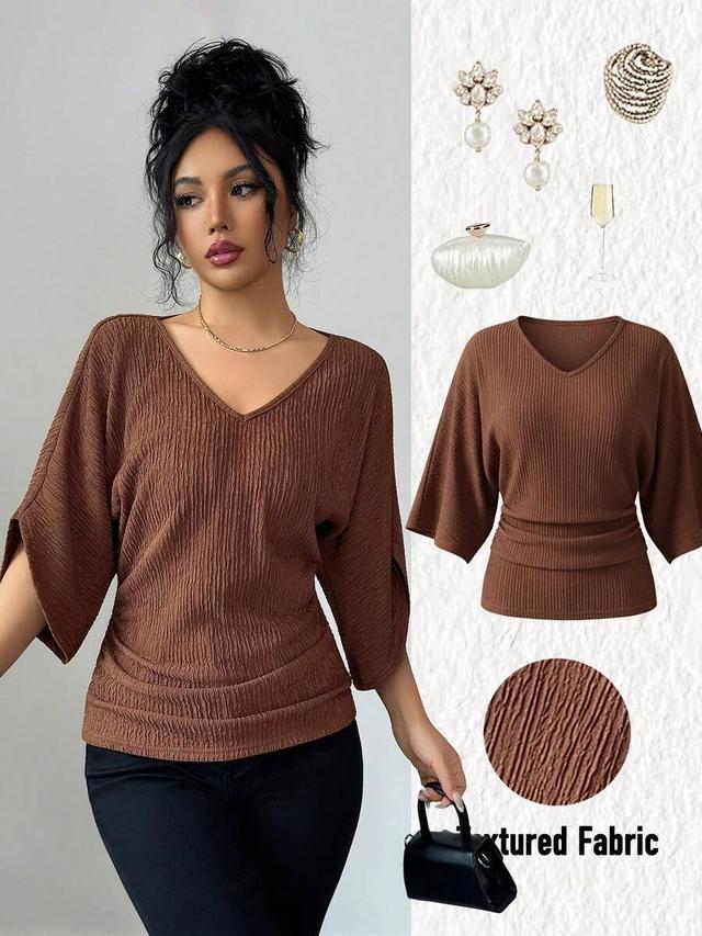 dark brown textured v-neck ruched waist top