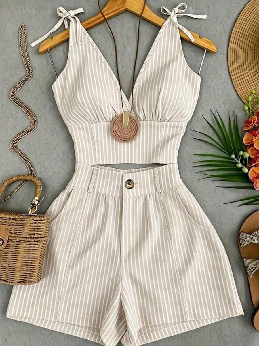 striped v-neck tie-strap crop top and shorts set