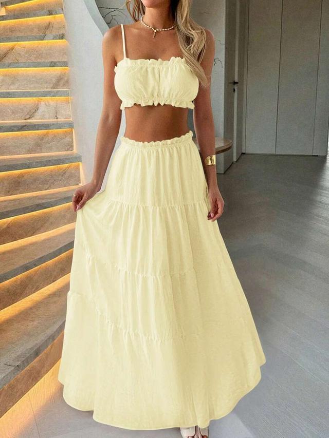 minimalist cream yellow tiered ruffle waist maxi skirt
