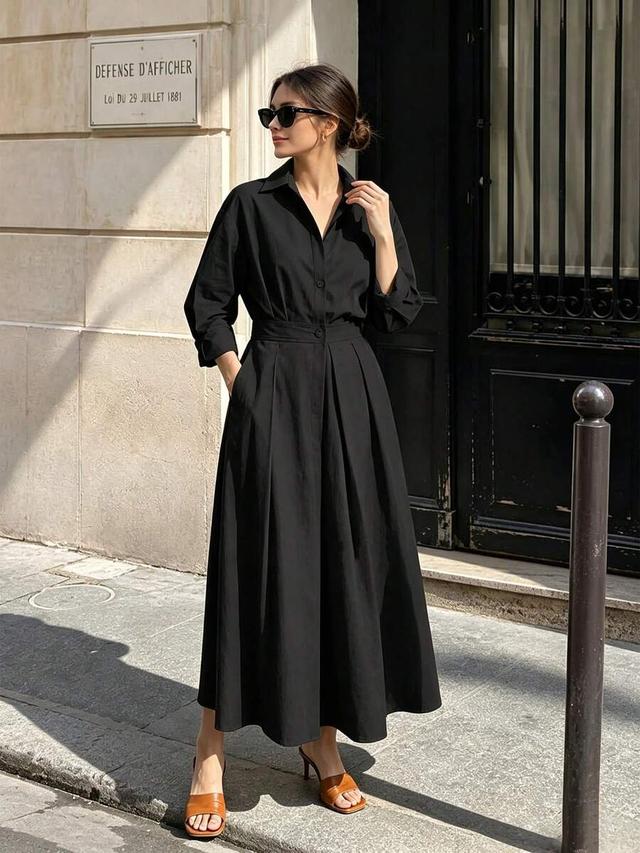 minimalist black fitted waist shirt dress