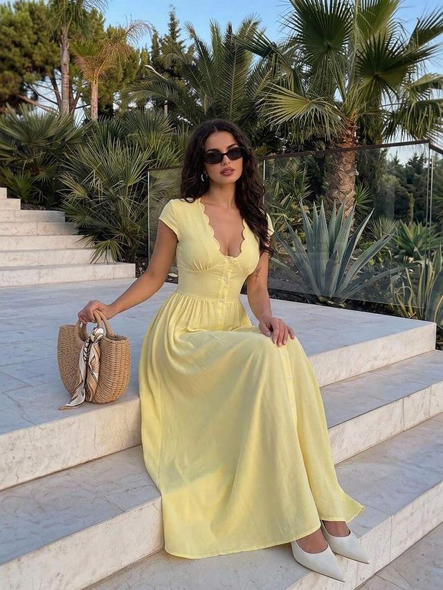 pale yellow scalloped button-down midi dress