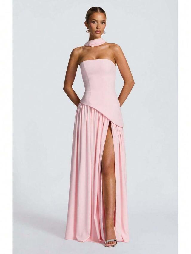 pink strapless pink crepe maxi dress with high slit