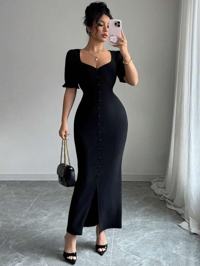 black square neck textured midi dress with lantern sleeves
