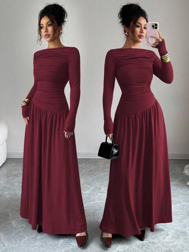 burgundy milk silk ruched long sleeve a-line dress