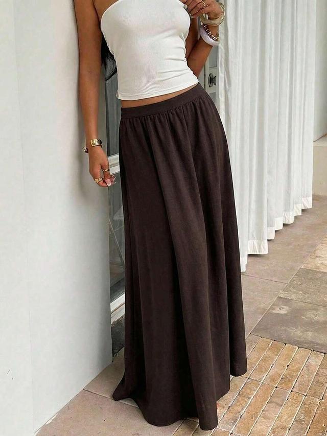 brown linen-feel cinched elastic waist maxi skirt