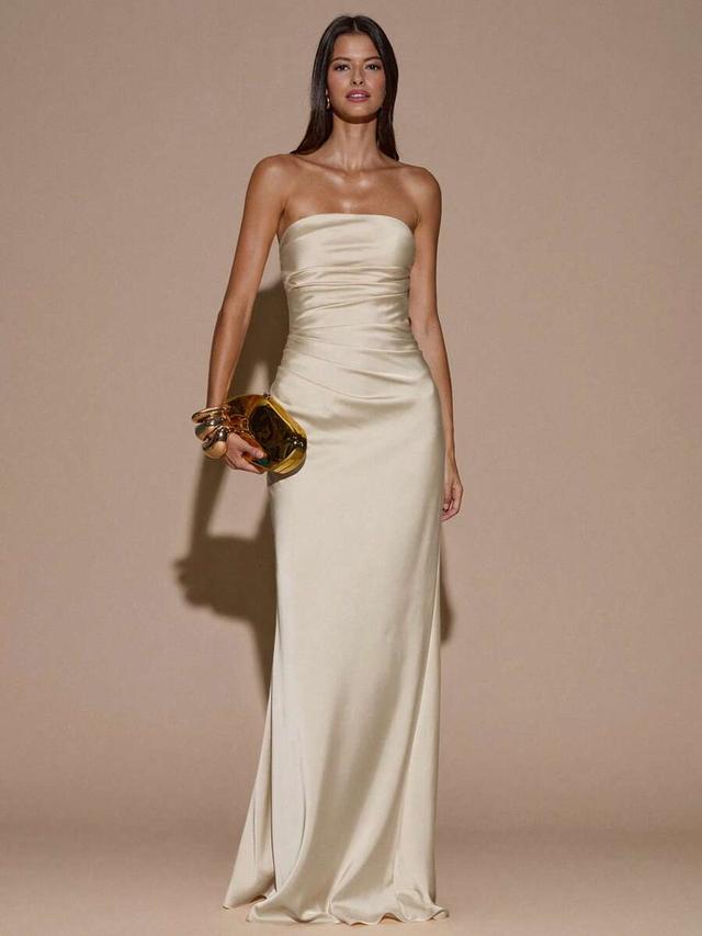 champagne satin strapless ruched column evening dress