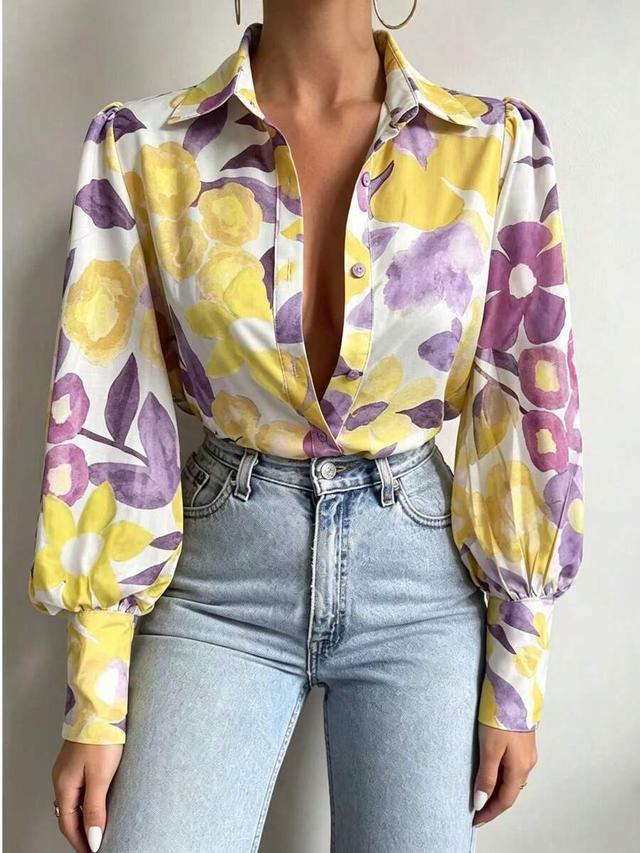 vintage floral print lantern sleeve button cuff blouse