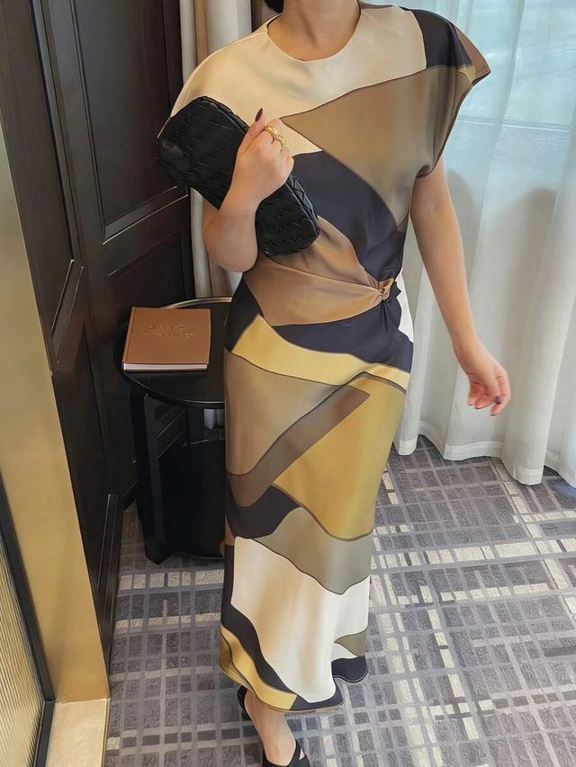 beige geometric cinched waist satin printed midi dress